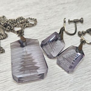 Antique Japanese Pagoda RARE Lavender Reverse Etched Glass Necklace Earrings Set